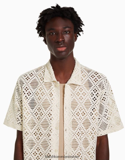 Bershka bărbați cămașă rustică cu mânecă scurtă alb Z86D2878 îmbrăcăminte