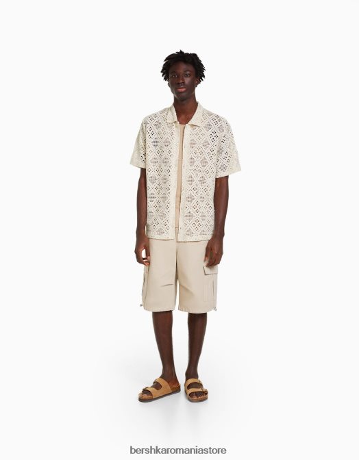 Bershka bărbați cămașă rustică cu mânecă scurtă alb Z86D2878 îmbrăcăminte