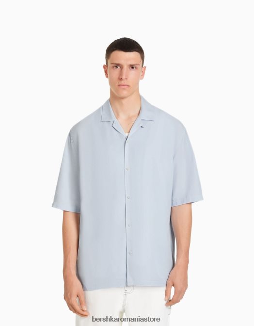 Bershka bărbați cămașă rustică cu mânecă scurtă, cu croiala relaxată albastru deschis Z86D2942 îmbrăcăminte