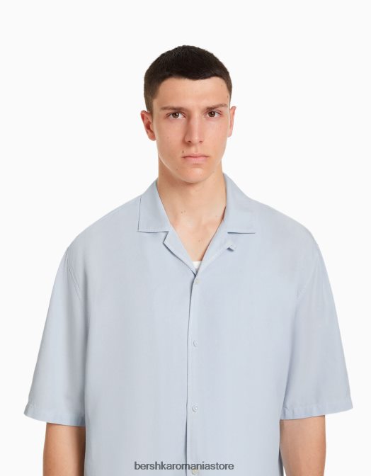 Bershka bărbați cămașă rustică cu mânecă scurtă, cu croiala relaxată albastru deschis Z86D2942 îmbrăcăminte