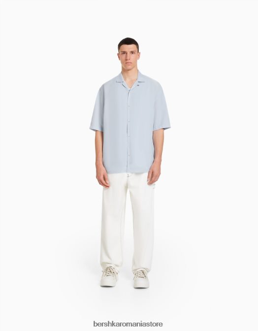 Bershka bărbați cămașă rustică cu mânecă scurtă, cu croiala relaxată albastru deschis Z86D2942 îmbrăcăminte