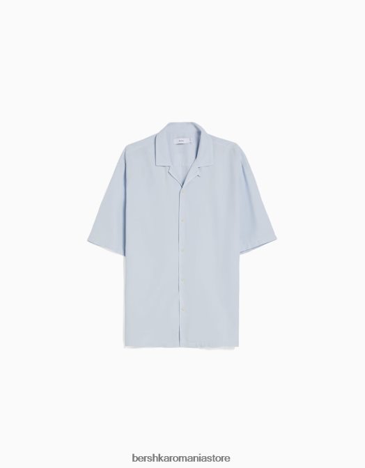 Bershka bărbați cămașă rustică cu mânecă scurtă, cu croiala relaxată albastru deschis Z86D2942 îmbrăcăminte