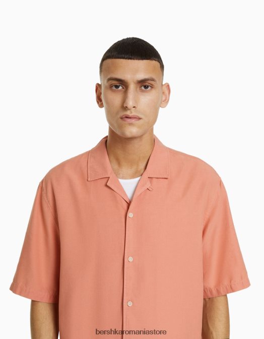 Bershka bărbați cămașă rustică cu mânecă scurtă, cu croiala relaxată portocale Z86D2943 îmbrăcăminte