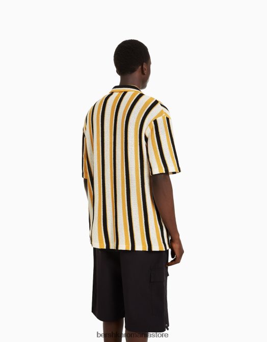 Bershka bărbați cămașă rustică cu mânecă scurtă cu imprimeu în dungi verticale muştar Z86D2898 îmbrăcăminte