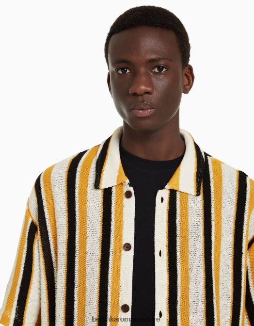 Bershka bărbați cămașă rustică cu mânecă scurtă cu imprimeu în dungi verticale muştar Z86D2898 îmbrăcăminte