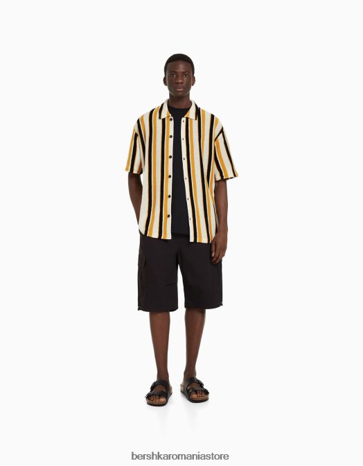 Bershka bărbați cămașă rustică cu mânecă scurtă cu imprimeu în dungi verticale muştar Z86D2898 îmbrăcăminte