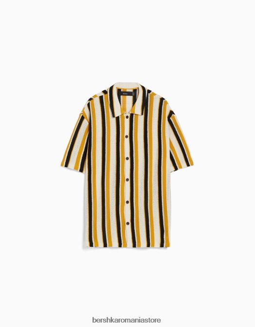 Bershka bărbați cămașă rustică cu mânecă scurtă cu imprimeu în dungi verticale muştar Z86D2898 îmbrăcăminte