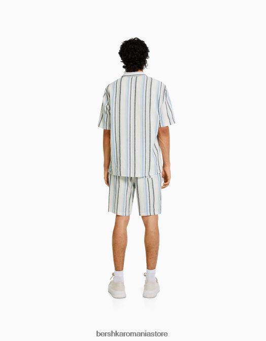 Bershka bărbați cămașă rustică cu mânecă scurtă în dungi albastru deschis Z86D2909 îmbrăcăminte