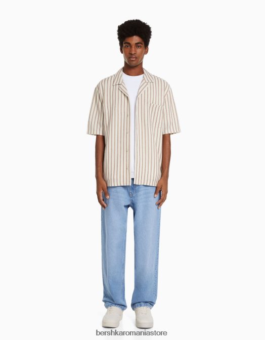 Bershka bărbați cămașă rustică cu mânecă scurtă în dungi granat Z86D2927 îmbrăcăminte