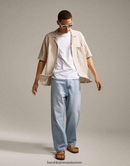 Bershka bărbați cămașă rustică cu mânecă scurtă în dungi granat Z86D2927 îmbrăcăminte