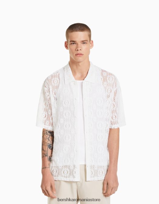Bershka bărbați camasa crosetata cu maneca scurta alb Z86D2877 îmbrăcăminte