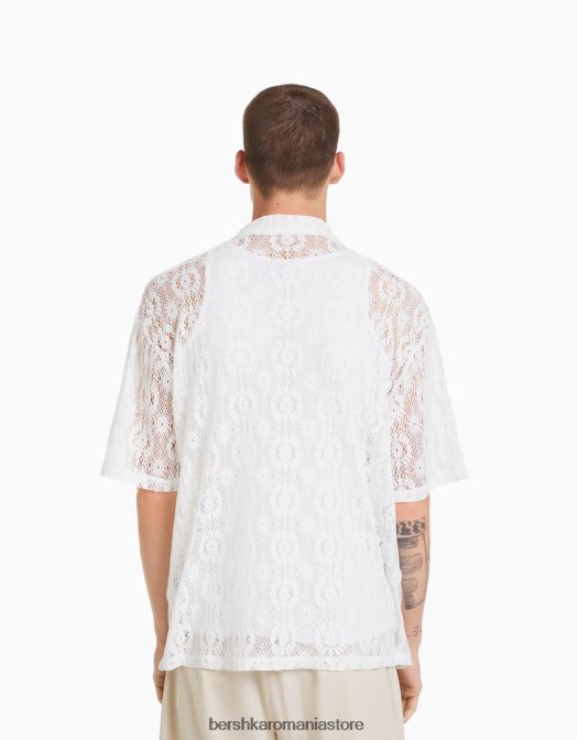Bershka bărbați camasa crosetata cu maneca scurta alb Z86D2877 îmbrăcăminte