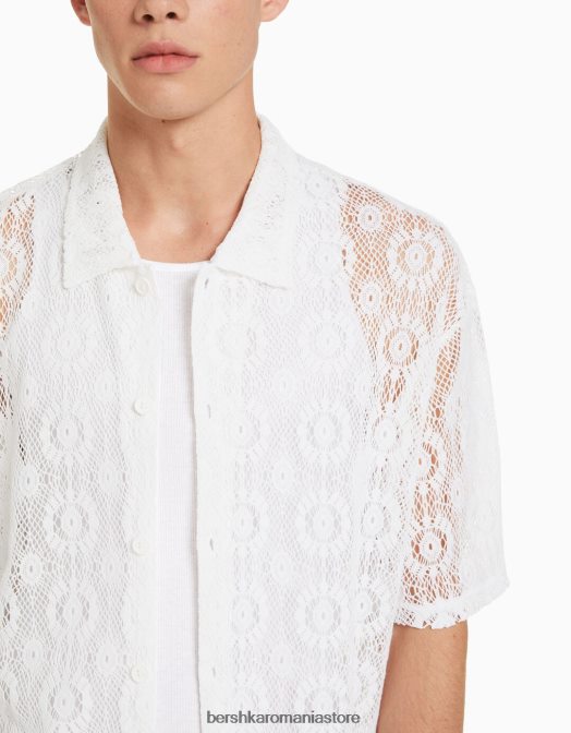 Bershka bărbați camasa crosetata cu maneca scurta alb Z86D2877 îmbrăcăminte