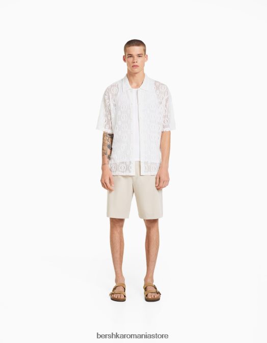 Bershka bărbați camasa crosetata cu maneca scurta alb Z86D2877 îmbrăcăminte