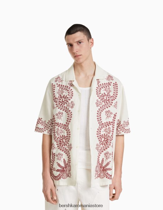Bershka bărbați camasa cu maneca scurta brodata cu in aproape alb Z86D2858 îmbrăcăminte