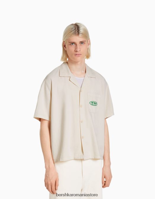 Bershka bărbați camasa din denim brodata cu maneca scurta aproape alb Z86D2873 îmbrăcăminte