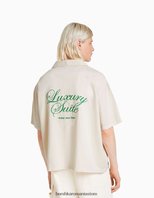 Bershka bărbați camasa din denim brodata cu maneca scurta aproape alb Z86D2873 îmbrăcăminte