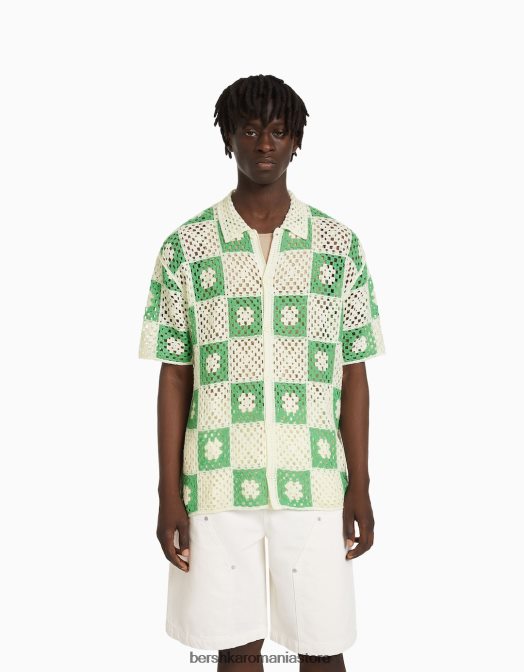 Bershka bărbați camasa rustica crosetata cu maneca scurta alb Z86D2865 îmbrăcăminte