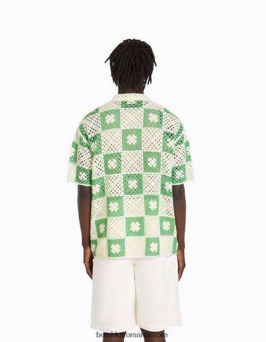 Bershka bărbați camasa rustica crosetata cu maneca scurta alb Z86D2865 îmbrăcăminte