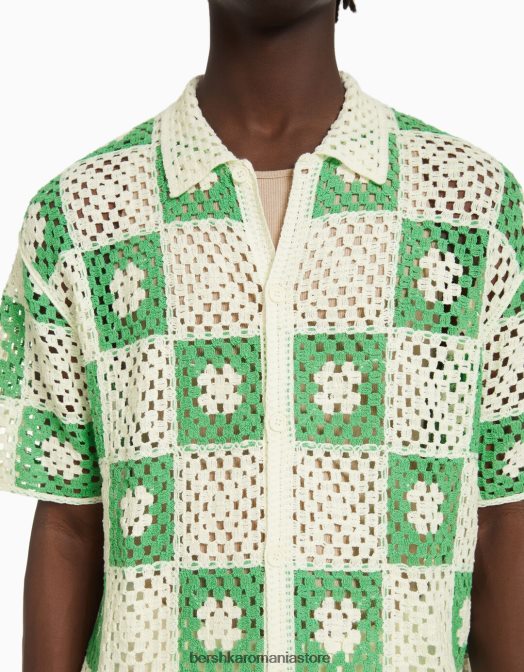 Bershka bărbați camasa rustica crosetata cu maneca scurta alb Z86D2865 îmbrăcăminte