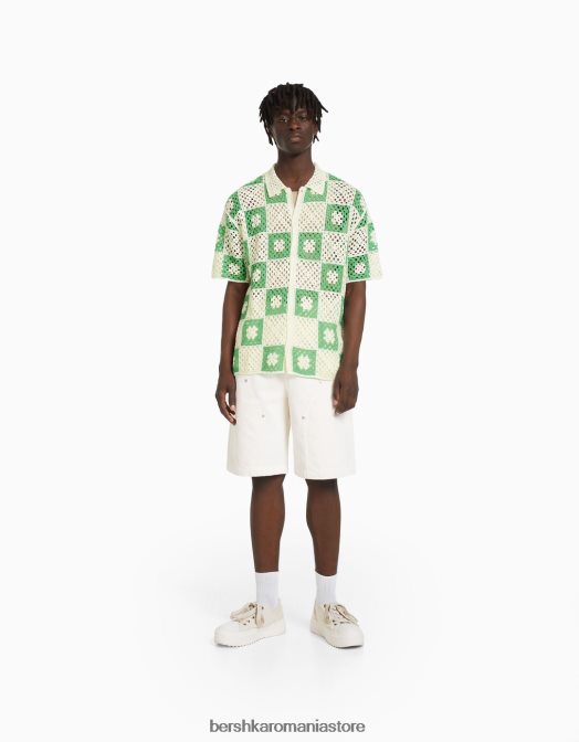 Bershka bărbați camasa rustica crosetata cu maneca scurta alb Z86D2865 îmbrăcăminte