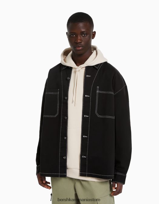 Bershka bărbați supracămașă din bumbac fir contrast negru Z86D2937 îmbrăcăminte