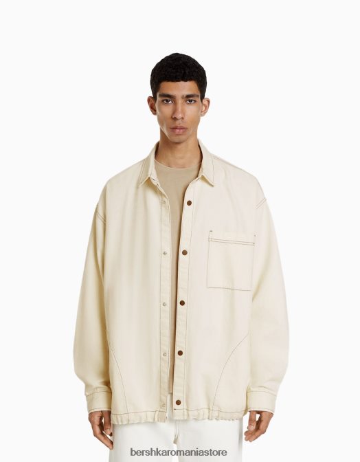 Bershka bărbați supracămașă din denim cu mânecă lungă, fir contrast, cu opritoare cremă Z86D2934 îmbrăcăminte