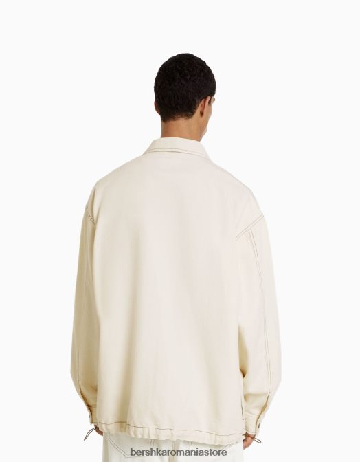 Bershka bărbați supracămașă din denim cu mânecă lungă, fir contrast, cu opritoare cremă Z86D2934 îmbrăcăminte