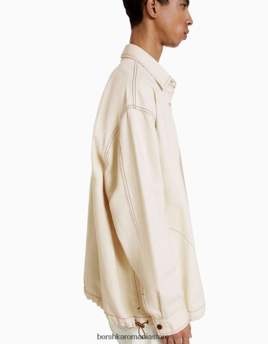 Bershka bărbați supracămașă din denim cu mânecă lungă, fir contrast, cu opritoare cremă Z86D2934 îmbrăcăminte