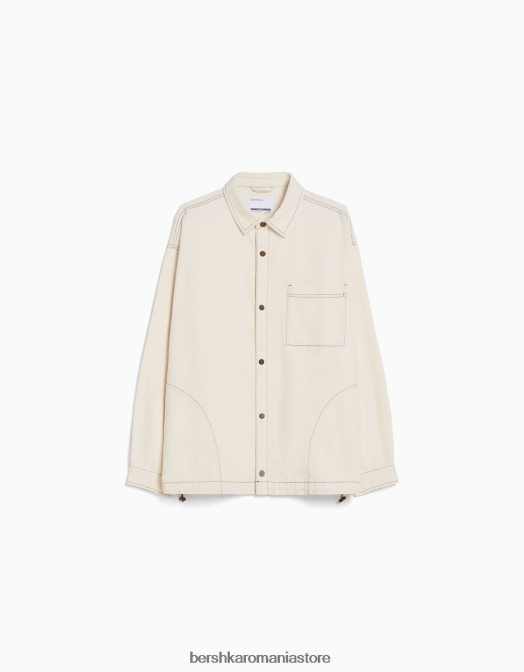 Bershka bărbați supracămașă din denim cu mânecă lungă, fir contrast, cu opritoare cremă Z86D2934 îmbrăcăminte