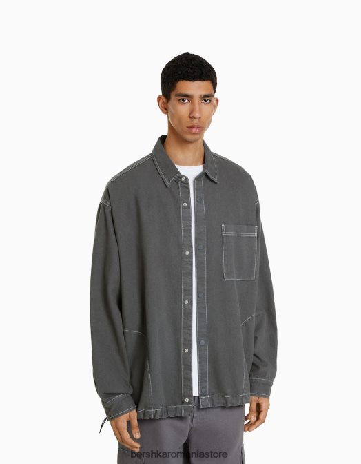 Bershka bărbați supracămașă din denim cu mânecă lungă, fir contrast, cu opritoare gri inchis Z86D2933 îmbrăcăminte