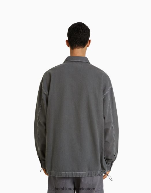 Bershka bărbați supracămașă din denim cu mânecă lungă, fir contrast, cu opritoare gri inchis Z86D2933 îmbrăcăminte