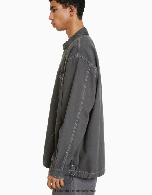 Bershka bărbați supracămașă din denim cu mânecă lungă, fir contrast, cu opritoare gri inchis Z86D2933 îmbrăcăminte