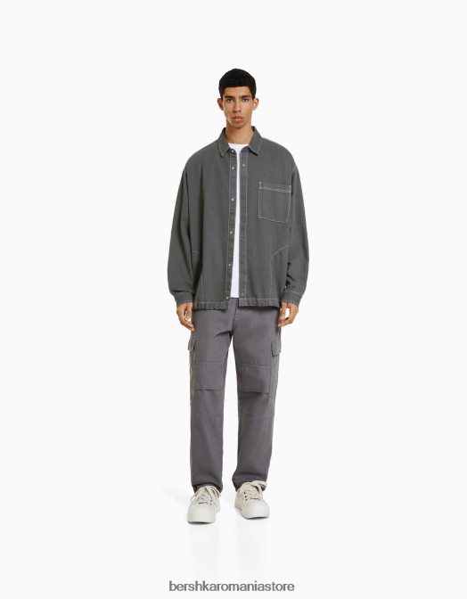 Bershka bărbați supracămașă din denim cu mânecă lungă, fir contrast, cu opritoare gri inchis Z86D2933 îmbrăcăminte