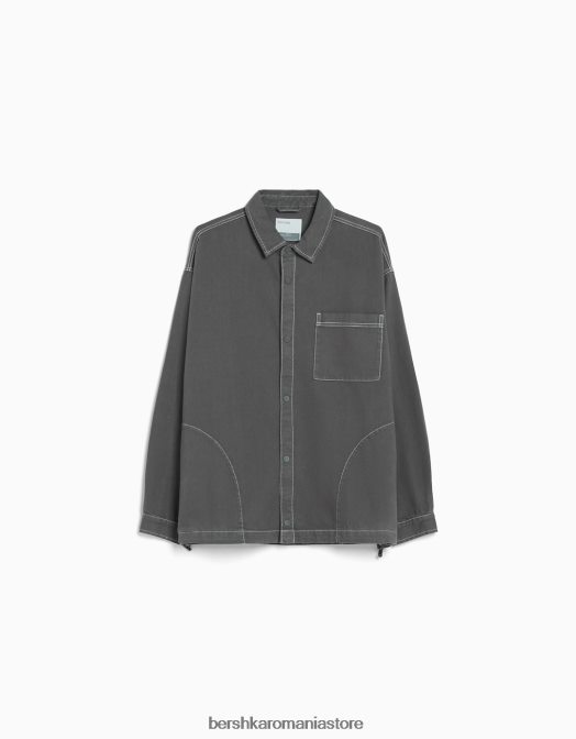Bershka bărbați supracămașă din denim cu mânecă lungă, fir contrast, cu opritoare gri inchis Z86D2933 îmbrăcăminte