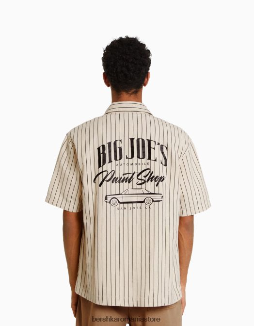 Bershka bărbați supracămașă din pânză cu mânecă scurtă și fermoar cremă Z86D2862 îmbrăcăminte