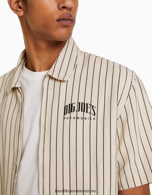 Bershka bărbați supracămașă din pânză cu mânecă scurtă și fermoar cremă Z86D2862 îmbrăcăminte