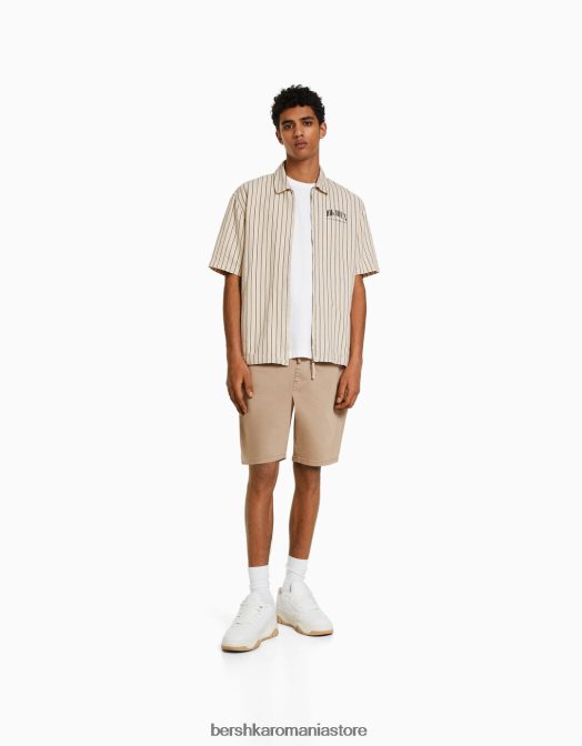 Bershka bărbați supracămașă din pânză cu mânecă scurtă și fermoar cremă Z86D2862 îmbrăcăminte