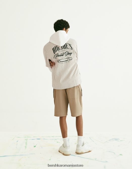 Bershka bărbați supracămașă din pânză cu mânecă scurtă și fermoar cremă Z86D2862 îmbrăcăminte