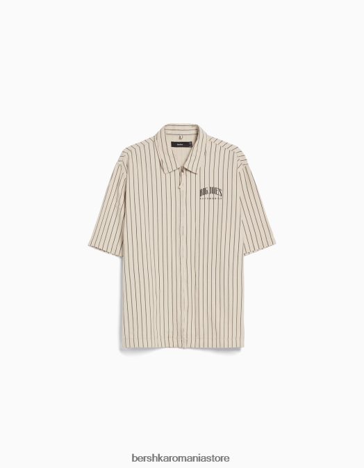 Bershka bărbați supracămașă din pânză cu mânecă scurtă și fermoar cremă Z86D2862 îmbrăcăminte