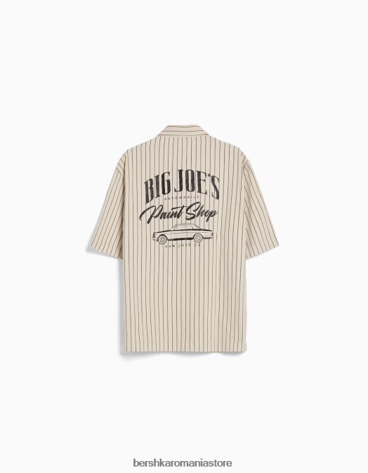 Bershka bărbați supracămașă din pânză cu mânecă scurtă și fermoar cremă Z86D2862 îmbrăcăminte