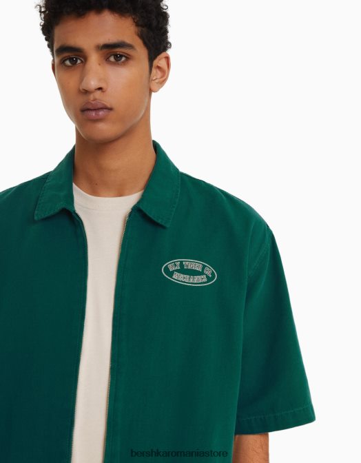 Bershka bărbați supracămașă din pânză cu mânecă scurtă și fermoar verde Z86D2861 îmbrăcăminte