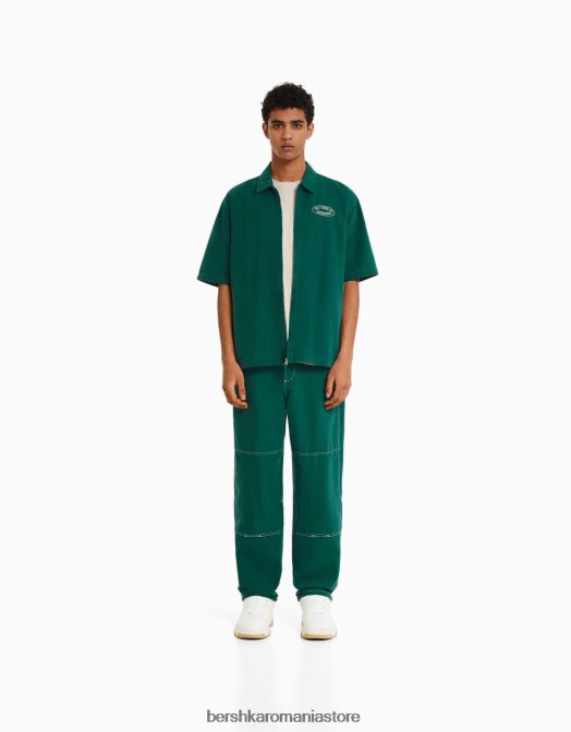 Bershka bărbați supracămașă din pânză cu mânecă scurtă și fermoar verde Z86D2861 îmbrăcăminte