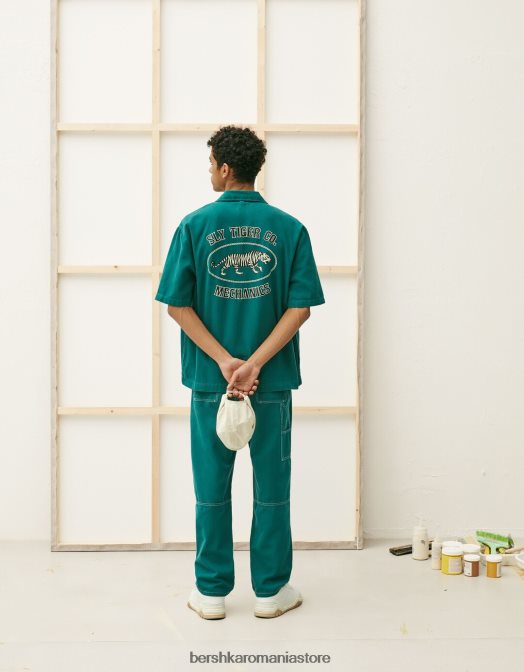 Bershka bărbați supracămașă din pânză cu mânecă scurtă și fermoar verde Z86D2861 îmbrăcăminte