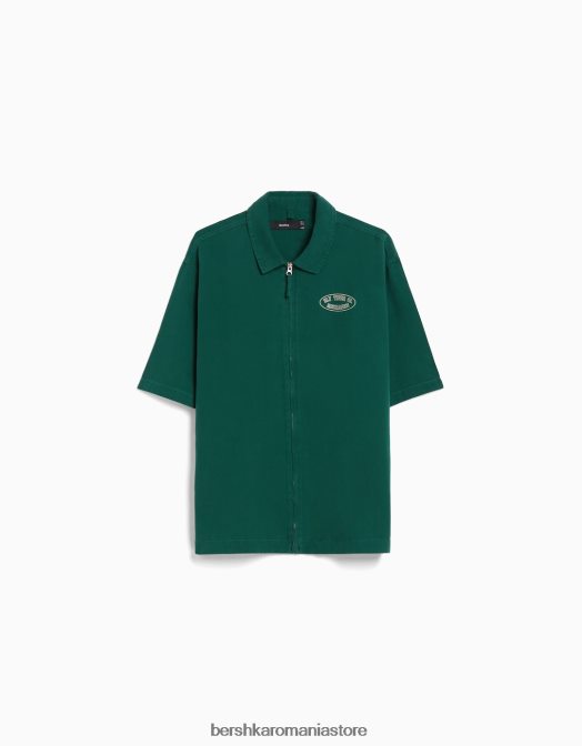 Bershka bărbați supracămașă din pânză cu mânecă scurtă și fermoar verde Z86D2861 îmbrăcăminte