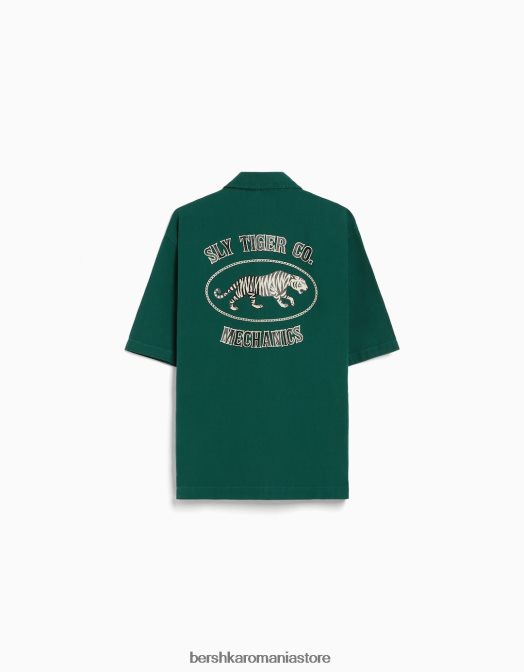 Bershka bărbați supracămașă din pânză cu mânecă scurtă și fermoar verde Z86D2861 îmbrăcăminte