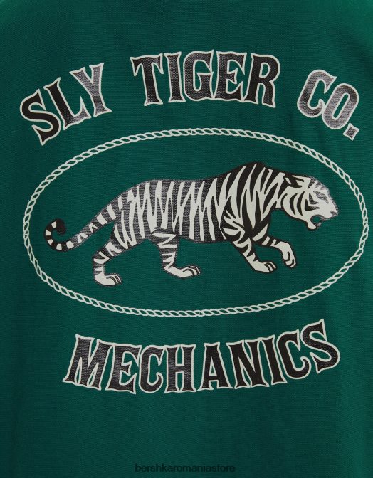 Bershka bărbați supracămașă din pânză cu mânecă scurtă și fermoar verde Z86D2861 îmbrăcăminte