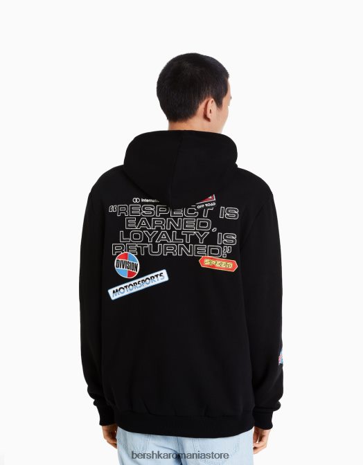 Bershka bărbați hanorac cu imprimeu curse negru Z86D2962 îmbrăcăminte