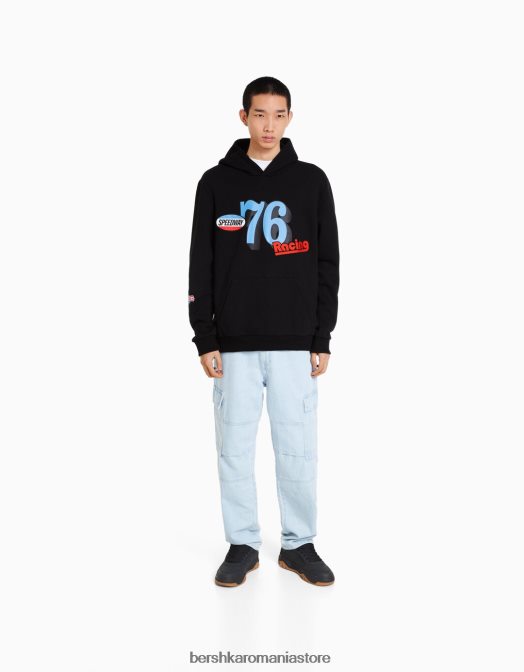 Bershka bărbați hanorac cu imprimeu curse negru Z86D2962 îmbrăcăminte