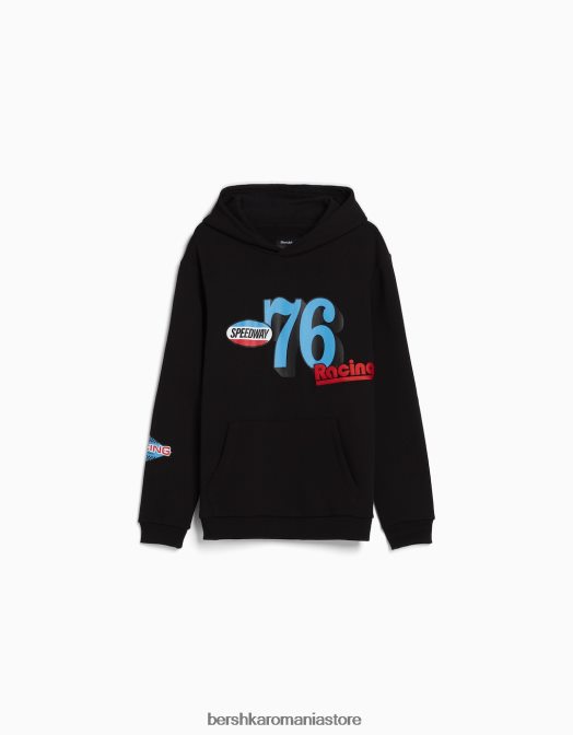 Bershka bărbați hanorac cu imprimeu curse negru Z86D2962 îmbrăcăminte